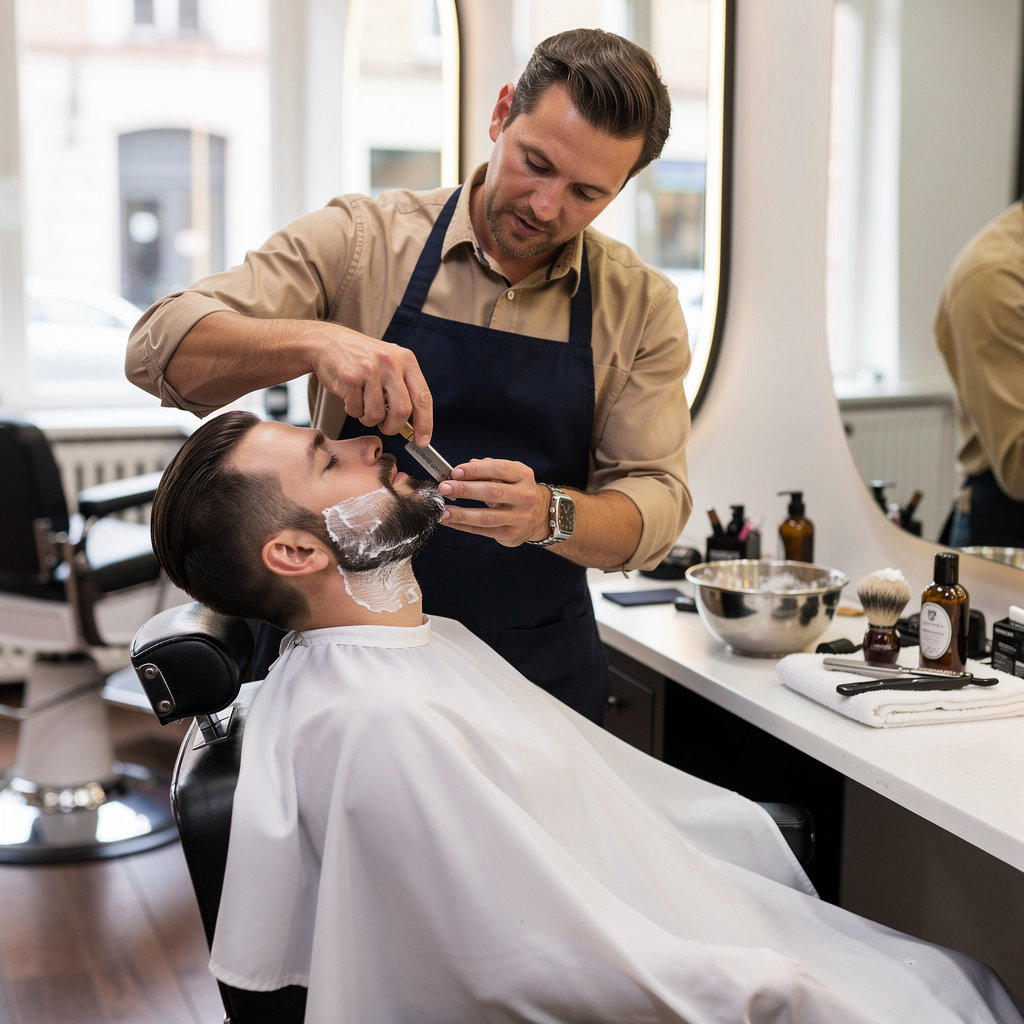 The Palms Barber Shop professional barber performing a classic straight razor shave in Santa Barbara